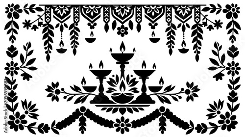 Black and White Traditional Diwali Diya Illustration with Floral Toran Border