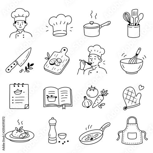 Hand Drawn Cooking and Kitchen Icons. Joyful outline illustrations celebrating the art of cuisine, featuring a cook, ingredients, and various essential tools.