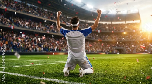 Soccer player celebrating victory on the field in a stadium at sunset