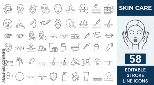 Skin care icons set. Containing Moisture cream, acid, anti wrinkle serum, ceramide, collagen, retinol compound, sunscreen, and more. Outline Icon Collection. Editable stroke. Vector illustration