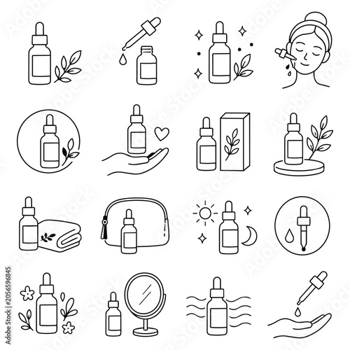Skincare Serum Oil Bottle Icon Set. Facial essence treatment graphics featuring organic liquid containers for morning and night wellness routines