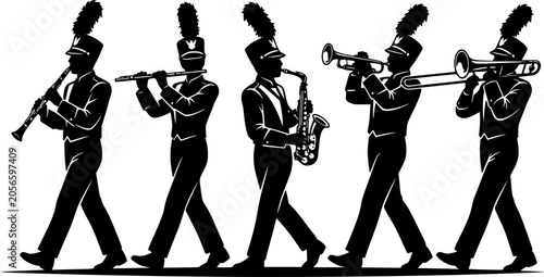 Marching band silhouettes with trumpet, trombone, flute, saxophone, clarinet, musicians in uniform, parade performance, musical ensemble illustration design