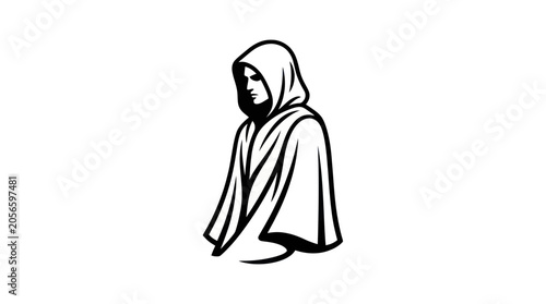 Billede på lærred Mysterious figure in hooded robe, silhouette with shadow, enigmatic character, m