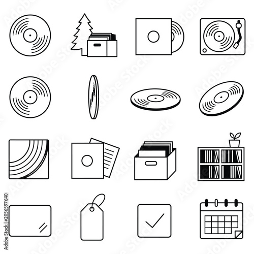 Vinyl Record Collection Line Icons. Set of minimalist analog music symbols reflecting a nostalgic passion for classic audio formats through organized storage and playback gear.
