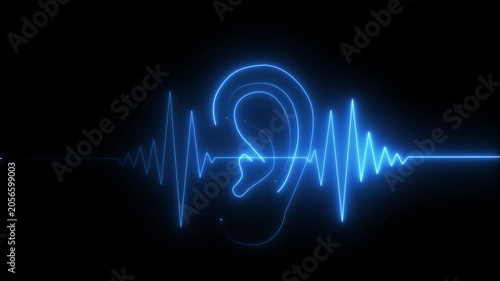 Neon Ear with Sound Wave Icon Animation, Hearing Test, Audiology, Healthcare and Communication Technology Concept
