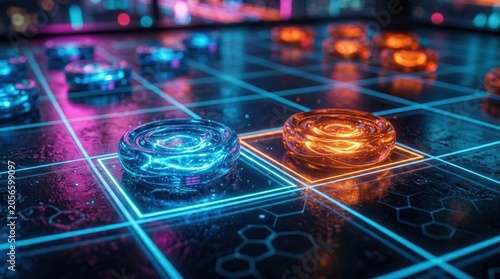 Gaming scene with glowing checkers on a digital board at night in a city setting