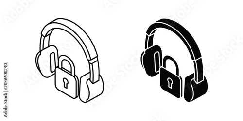 Black and White Headphone Outline Vector Illustration on White Background
