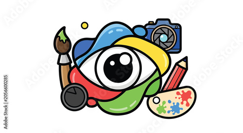 Cartoon eye with art supplies closeup.