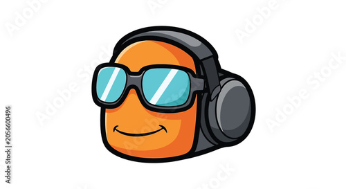 Cartoon face with headphones smiling.