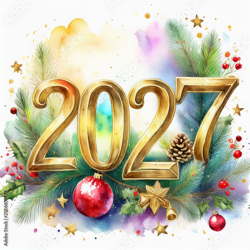 Golden 2027 year number with festive holiday decor