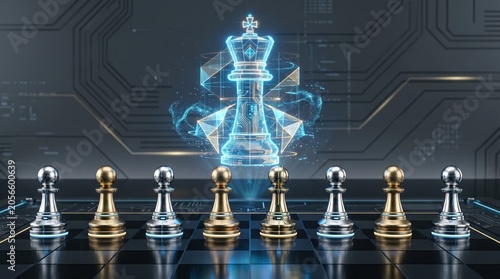 Digital chess game shows pieces on board with a virtual king in the center, blending technology and strategy on a modern display