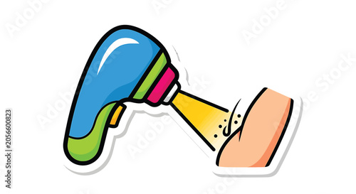 Cartoon hair dryer in hand.