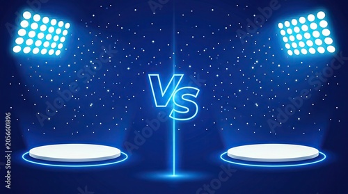 Blue versus background with spotlights and podiums