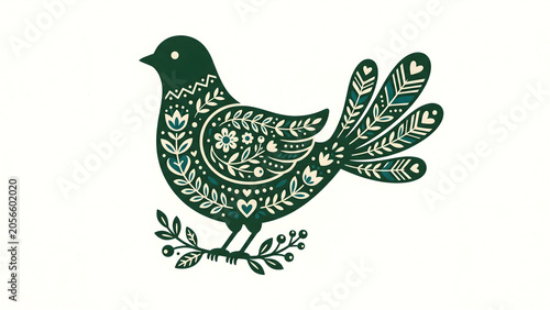 Decorative bird illustration in simple Scandinavian folk art style with floral patterns