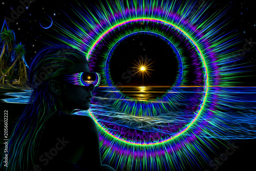 Abstract artwork of male portrait with flowing light trails and emotional energy. Concept of personal growth, inner strength, self expression, creative identity, emotional freedom. Stock Photo
