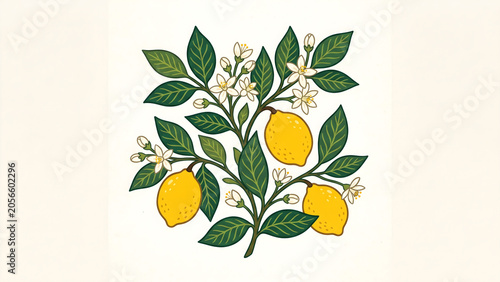 Lemon fruits with green leaves in retro folk art style botanical illustration