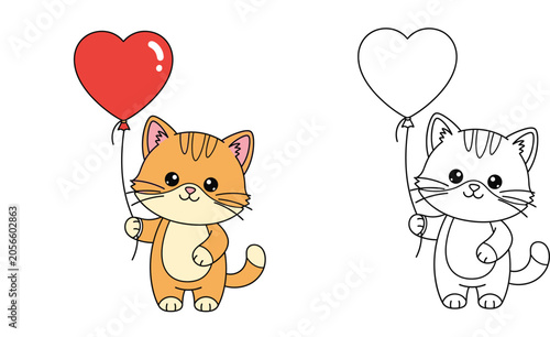 Adorable Cute Cartoon Kitten Holding a Red Heart Balloon Vector Illustration and Coloring Page for Kids Valentine's Day Design and Coloring Book
