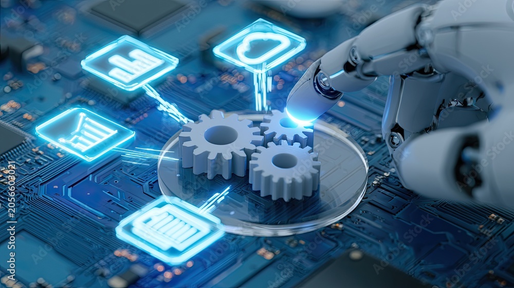 Fototapeta premium Robotic finger interacts with glowing digital gears and icons on circuit board