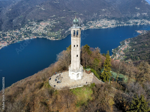 Aerial view of the Volta Lighthouse in Brunate, in a panoramic position above Lake Como.