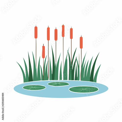 Illustration of Cattails and Lily Pads in a Pond