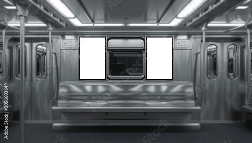 Modern subway train interior with three blank white advertising panels above passenger seating in a metropolitan transit carriage, showcasing public transportation environment with spacious copy space