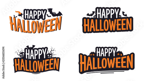 Foto Halloween Greetings: A compilation of four festive Happy Halloween text designs, featuring spooky bats, bare branches, and eerie eyes, perfect for holiday invitations and decorations