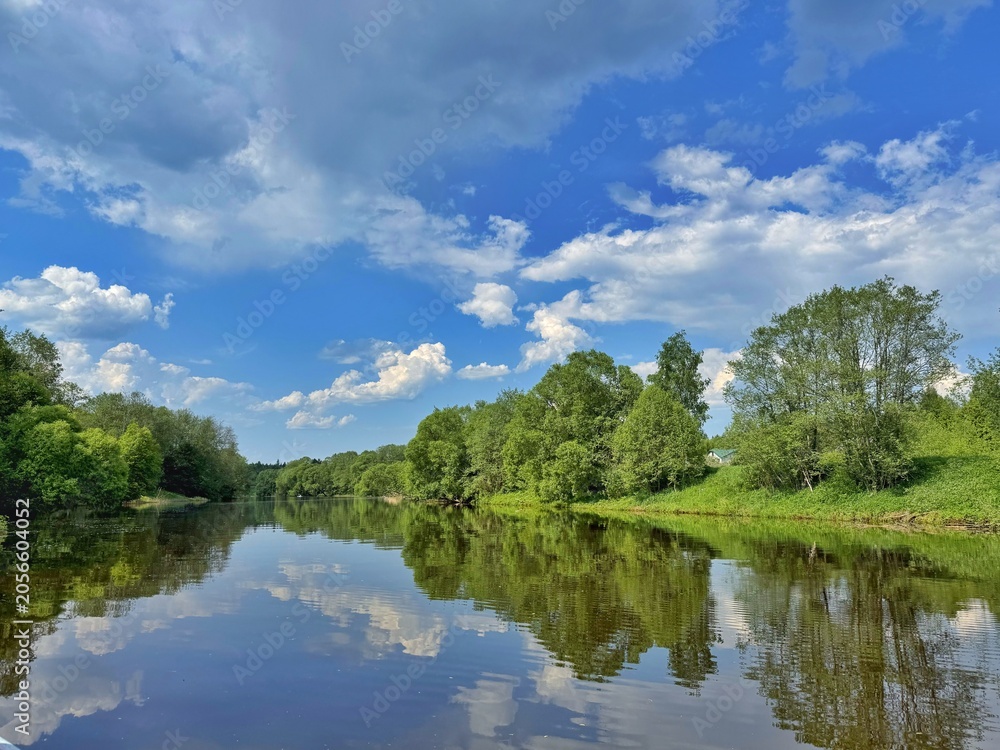 Obraz premium A calm, wide river perfectly reflects the green trees along its banks under a bright blue sky with fluffy white clouds. Concept of pristine nature and tranquil summer landscape.