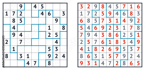 Sudoku puzzle grid and solution page with numbers in different colors  