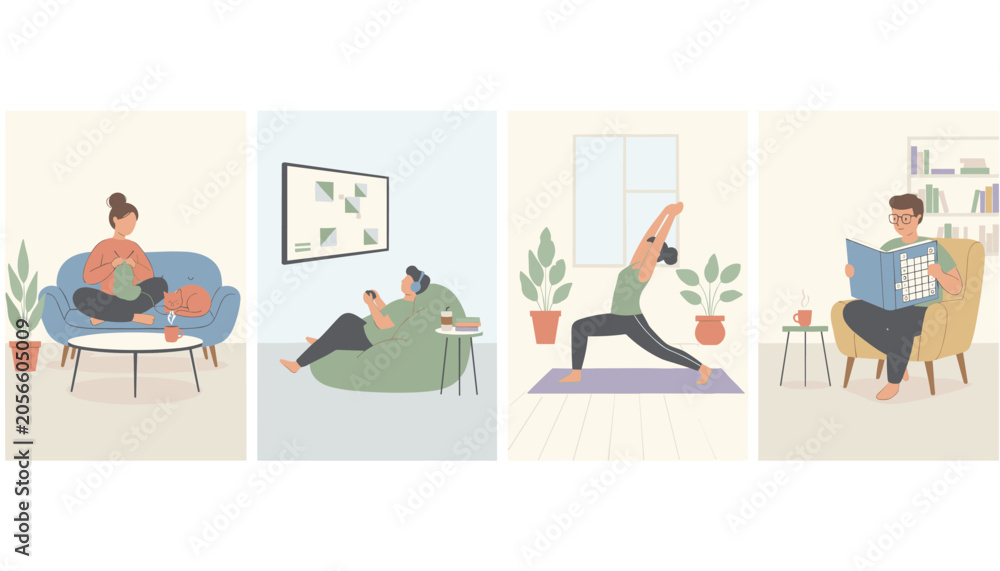 Fototapeta premium Four panels show people enjoying relaxing home activities like knitting, playing video games, yoga, and reading.