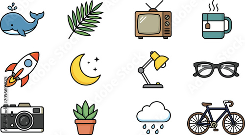 Bild auf Leinwand Cute Colored Line Art Vector Icon Set Featuring Whale, Palm Leaf, Vintage Televi