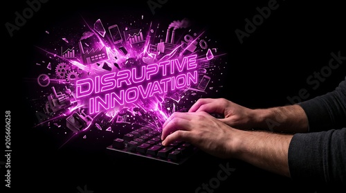 Hands typing on laptop with neon purple disruptive innovation text and digital symbols.
