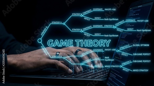 Hands Typing on Laptop with Digital Game Theory Decision Tree Overlay.