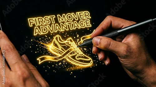 First Mover Advantage Glowing Graphic Held by Human Hands.