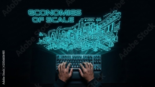 Digital Concept of Economies of Scale with Hands Typing on Keyboard and Industrial Factory Overlay.