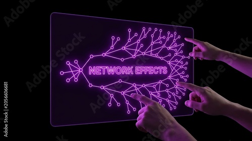 Hands interacting with purple glowing network effects digital interface screen.