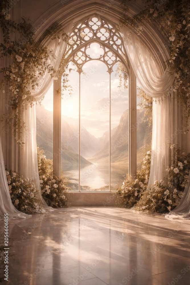 Naklejka premium Serene gothic window overlooking nature.