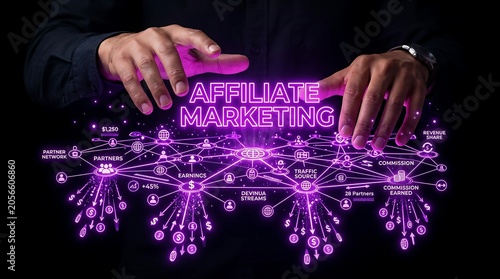 Digital neon display of affiliate marketing network concept with human hands.