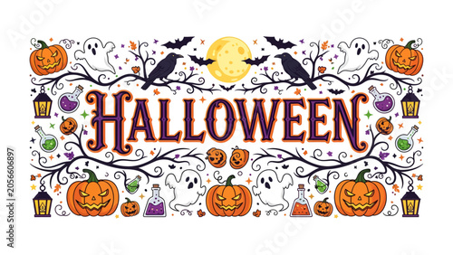 Foto Happy Halloween Decoration: A whimsical Halloween banner features cheerful pumpkins, playful ghosts, mysterious crows, flickering lanterns, and enchanting potions, all under a glowing full moon