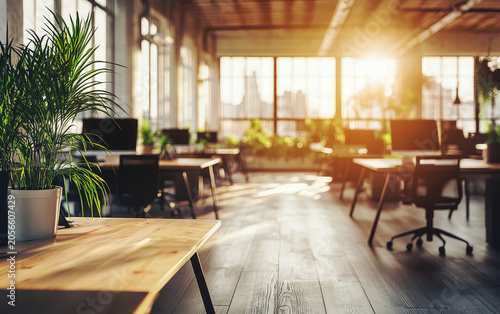 Modern open plan office interior with wooden desks and potted plants during golden hour sunset