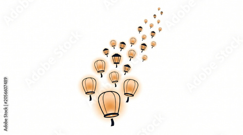 Silhouette of floating sky lanterns rising up on white background

Chinese sky lanterns flying in the air vector illustration silhouette

Traditional glowing paper lanterns festival elements black sil