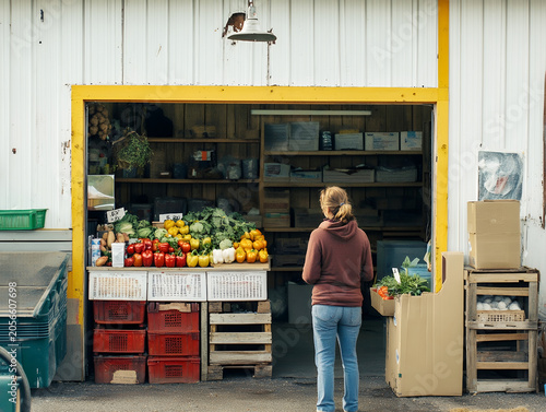 Young adult woman looking at vibrant fresh bell peppers and greens at an outdoor farm market stall