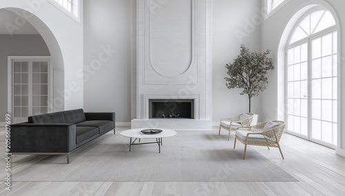 Minimalist modern white living room with high ceiling fireplace large arched and dark grey sofa in bright spacious interior minimalist spacious fireplace architecture furniture