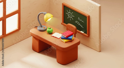 Inviting Claymorphism, Low-Poly Isometric Classroom with Desk, Books, and Chalkboard – A Serene Study Environment for Education and Knowledge Discovery, perfect for academic themes