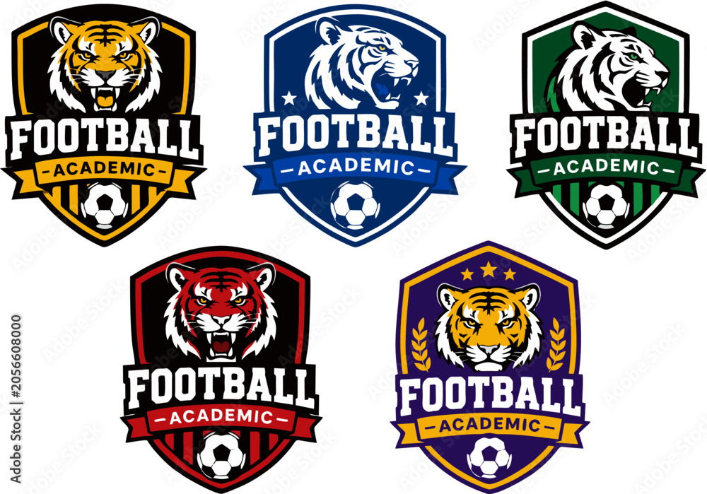 Obraz premium Football Academic Tiger Mascot Logo Collection, Soccer Academy Shield Badge Vector Set
