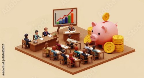 Claymorphism Low-Poly Isometric Financial Education Classroom Featuring A Piggy Bank And Growth Chart For Business Investment Strategy Concepts