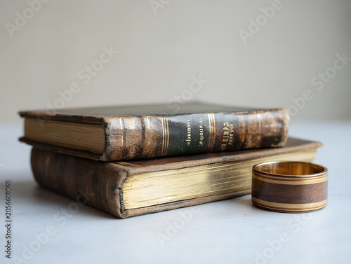 Two vintage leather-bound books stacked on a white surface next to a decorative wooden and brass ring