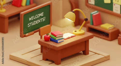 Low-Poly Isometric Classroom Scene with Claymorphism Style, Welcome Students Chalkboard and Study Desk for Education Concept
