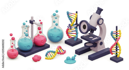 Claymorphism Low-Poly Isometric 3D Illustration of Scientific Research Laboratory Equipment and DNA Molecules