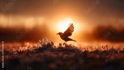 A bird with spread wings perches on frosty ground at golden hour, silhouetted against the glowing sunrise