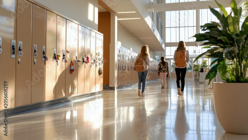 Three teenage girls with backpacks walking away down a bright school hallway with lockers and golden hour light